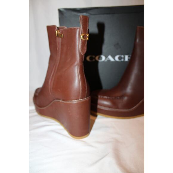 NIB WOMEN'S COACH BRADY LEATHER WEDGE BOOTIE BOOTS WALNUT BROWN SZ 11 $295 - Picture 3 of 8